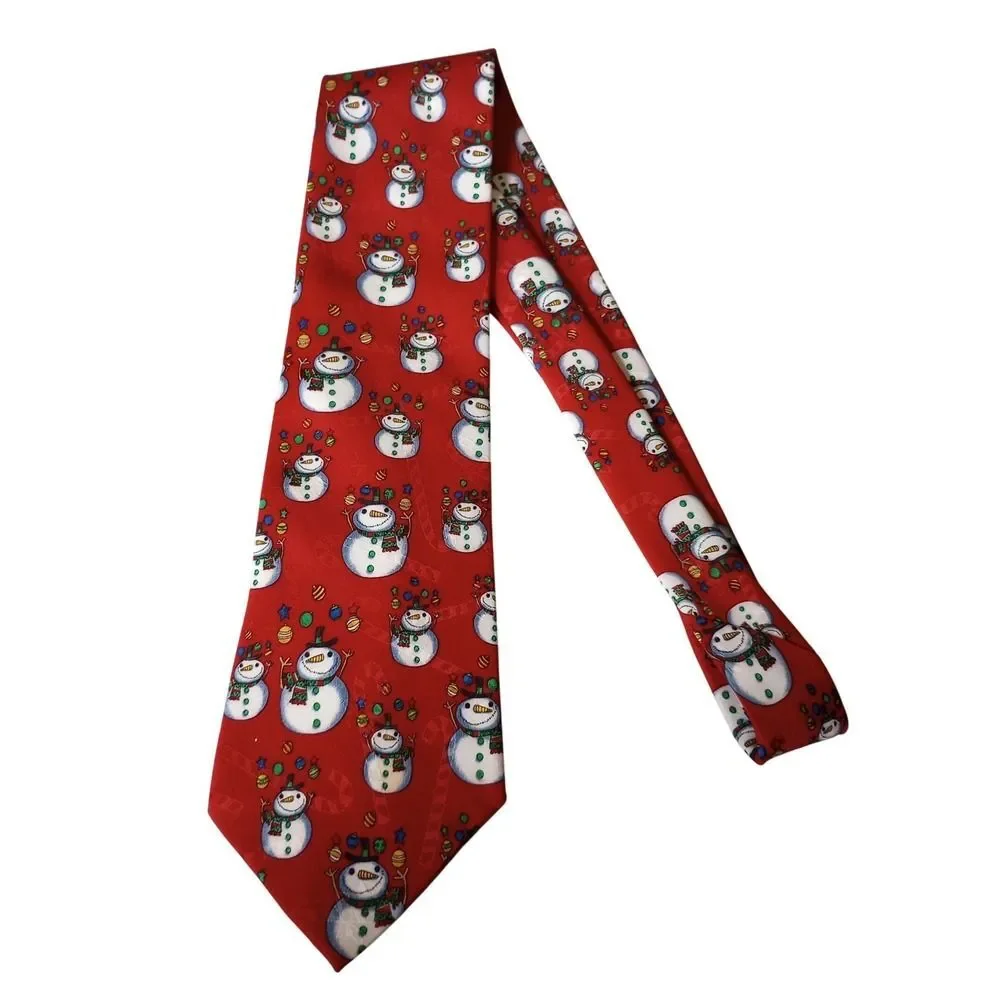 Mens Hallmark SpecialTies Snowman Christmas Tie Red Festive Holiday Polyester